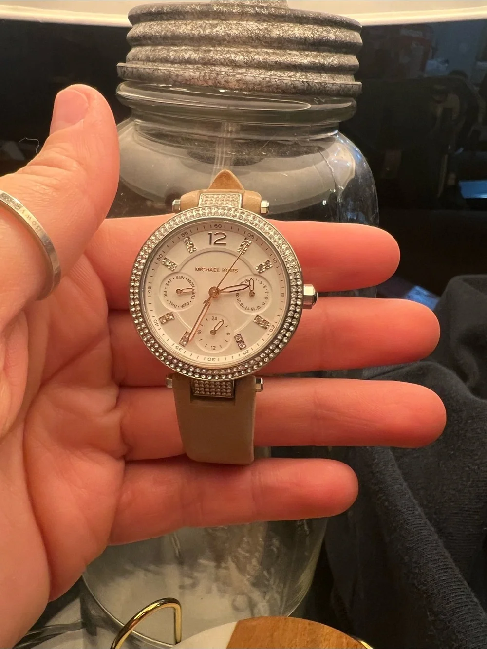 Michael Kors Beige/Tan Leather Strap Crystal Accent Watch